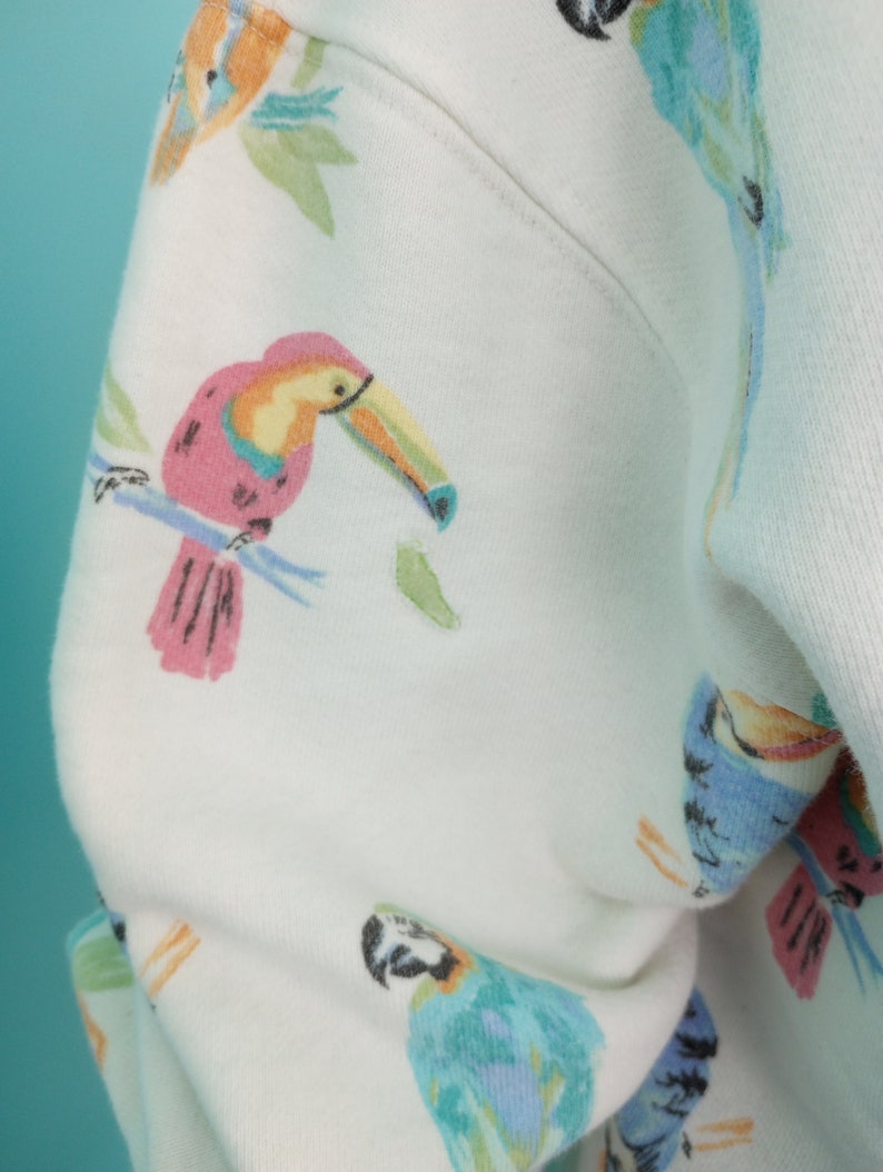 KITSCHY Pastel Parrot & Toucan Cropped Sweatshirt Street Wear Upcycled Pom-Pom Trim Size: Large/XLarge Chubbies Ambassador image 6