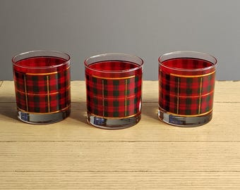 Vintage Red Tartan PLAID Whiskey Old Fashioned Glasses Gold SET of 3