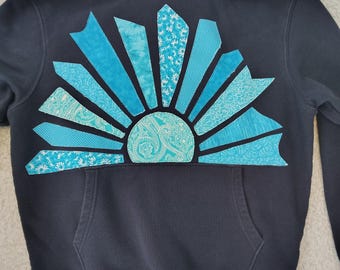 Navy Blue Hoodie with Turquoise Patchwork SUNSHINE Upcycled Sweatshirt Pocket Oversized Streetwear Size: M