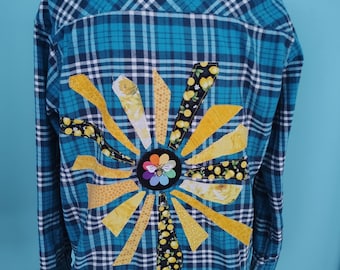 Turquoise Blue Plaid Flannel Patchwork Scrappy SUNSHINE Upcycled Handmade Cottagecore Boho Size: XLarge