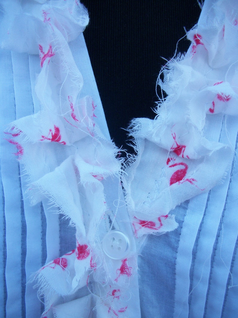Large Pink Flamingo White Summer Duster Tunic with Pockets BOHO Blouse with Ruffle Festival Gypsy Upcycled Clothing Summer Size