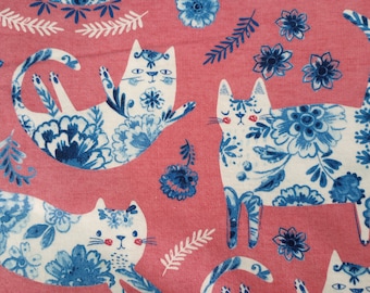 Pink CATS Kitten Nursery Print Flannel Baby Blanket Blue & White Porcelain China Super Soft Double Sided XLarge 35 x 43