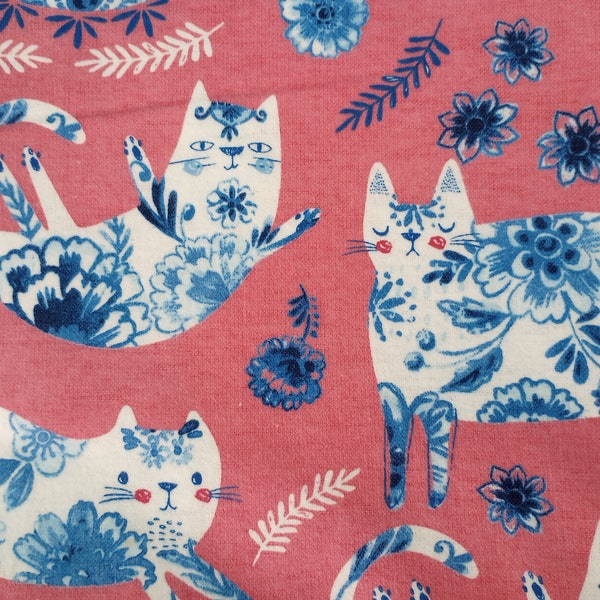 Pink CATS Kitten Nursery Print Flannel Baby Blanket Blue & White Porcelain China Super Soft Double Sided XLarge 35 x 43