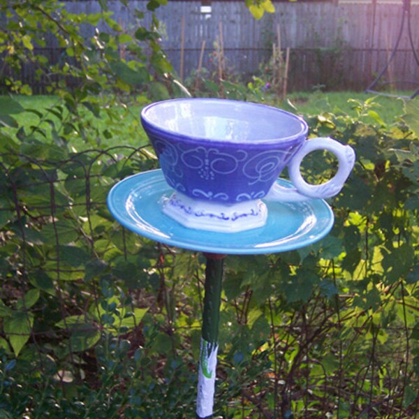 Purple Pottery Teacup Bird Feeder with Turquoise Saucer