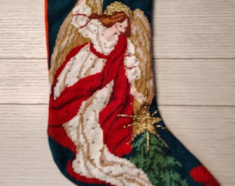 Vintage Angel Needlepoint Christmas Stocking GOLD Beading STARS 19" Handmade
