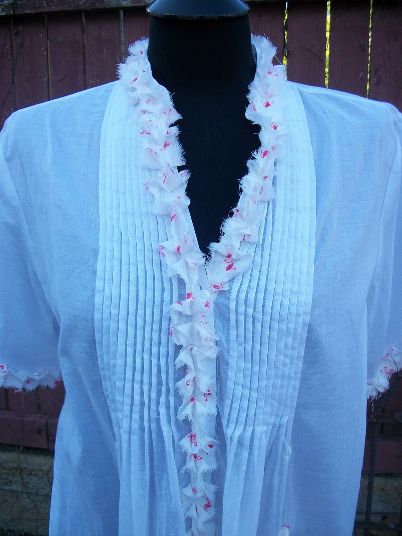 Large Pink Flamingo White Summer Duster Tunic with Pockets BOHO Blouse with Ruffle Festival Gypsy Upcycled Clothing Summer Size