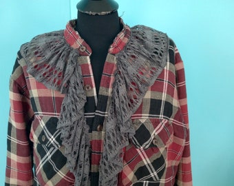 MAGENTA Purple, Black & Gray QUILTED Plaid Flannel Jacket Cottagecore BOHO Festival Clothing Size: Medium