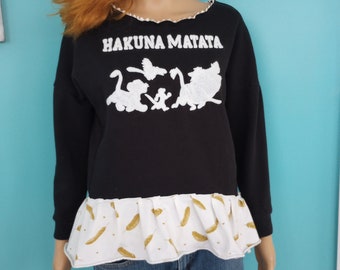 Black Upcycled Lion King Sweatshirt Hakuna Matata Ruffle Street Wear BOHO Size: SMALL