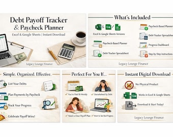 Debt Payoff Tracker Spreadsheet, Paycheck Budget Planner, Excel & Google Sheets