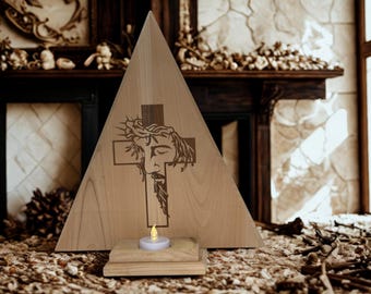 Árbol de Navidad de cedro / Imagen de Jesús / Placa para velas de té / Frase inspiradora / Grabado láser / Decoración del hogar