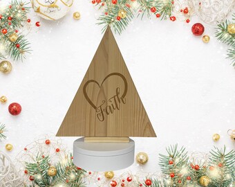 Árbol de Navidad de madera de cedro grabado con láser, con fe cristiana y placa para velas de té