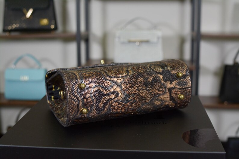 May include: A brown and gold snakeskin-patterned handbag with gold-coloured feet. The bag is rectangular with rounded edges and a gold clasp. Other handbags are visible in the background on shelves.