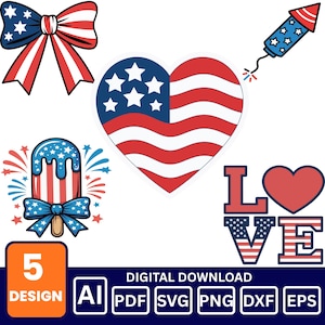 Könnte beinhalten: Ein digitaler Download mit grafischen Designs mit patriotischen Elementen. Enthält eine Schleife, eine herzförmige Flagge, ein Eis am Stiel, eine Rakete und das Wort "LOVE". Das Design ist in Rot, Weiß und Blau gehalten, mit den Dateiformaten AI, PDF, SVG, PNG, DXF und EPS.