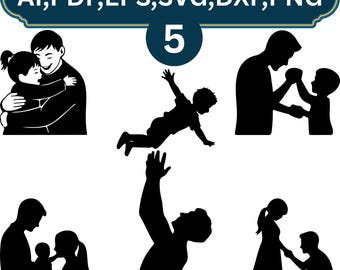 Paquete SVG de silueta de padre e hijo, clipart de papá e hijos, archivos Cricut del Día del Padre, PNG de amor familiar, descarga digital