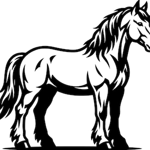 May include: A monochrome illustration of a horse, depicted in a standing pose. The horse features a flowing mane and tail, with detailed shading to define its muscular form. The image is a silhouette style.