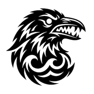 May include: A black and white graphic of a stylized eagle's head with sharp teeth and a fierce expression. The design features tribal-style patterns and is set against a white background, suitable for tattoos or apparel.