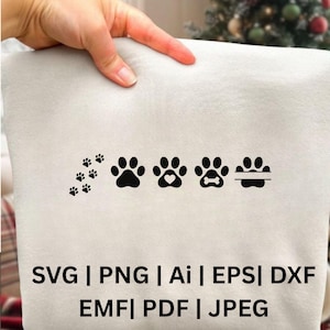 May include: A light beige fabric with black paw print designs. The design includes a trail of small paw prints and four larger paw prints, one with a heart and one with a bone. The text at the bottom reads: SVG | PNG | Ai | EPS | DXF EMF | PDF | JPEG.