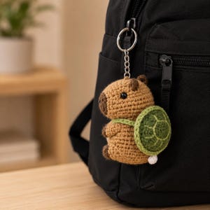 Crochet Capybara Keychain with Turtle Backpack, Amigurumi Animal Bag Charm, Cute Capybara Gift, Kawaii Backpack Accessory