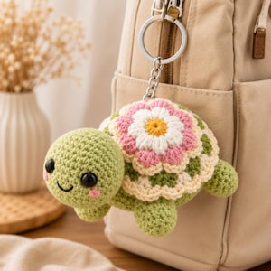 Crochet Turtle Keychain, Floral Shell Amigurumi, Handmade Turtle Bag Charm, Cute Backpack Accessory, Turtle Lover Gift