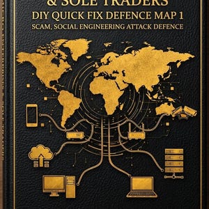 Puede incluir: Un libro de tapa dura negro titulado MICRO ENTERPRISES & SOLE TRADERS DIY QUICK FIX DEFENCE MAP 1 SCAM, SOCIAL ENGINEERING ATTACK DEFENCE de Walter Haldane. La portada presenta un mapa mundial dorado, iconos de red y Edition: 2026.