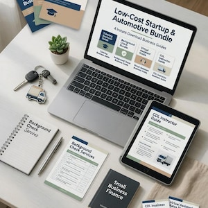 Può includere: Un portatile e un tablet che mostrano guide aziendali, tra cui Low-Cost Startup & Automotive Bundle, CDL Instructor Guide e Background Check Services. Include anche opuscoli stampati, una pianta grassa, un portachiavi e una penna.