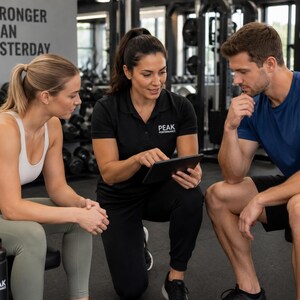 May include: A fitness trainer in a black polo shirt with the text PEAK PERFORMANCE holds a tablet while consulting with two individuals in a gym. One individual wears a white sports bra and sage leggings, while the other wears a blue t-shirt.