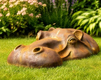 Large Rusty Hippo Head Garden Sculpture | Hippo Yard Art | Garden Hippo Lawn Ornament