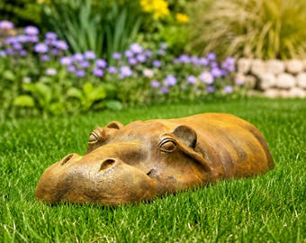 Hippo Garden Statue | Rusty Garden Ornament | Large Garden Sculpture | Rustic Outdoor Decor