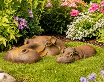 Hippo Garden Statue Pair | Outdoor Garden Sculptures | Zoo Animal Decor | Nature Lover Present