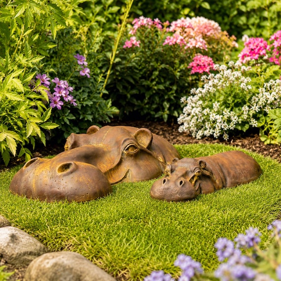 Hippo Garden Statue Pair | Outdoor Garden Sculptures | Zoo Animal Decor | Nature Lover Present