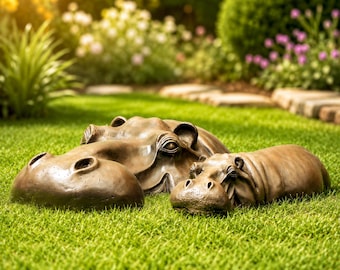 Bronze Hippo Garden Sculpture Pair | New House Gift | Housewarming Gift for Couple | Safari Theme Decor
