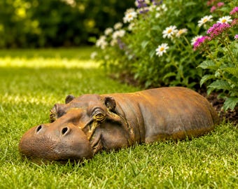 Cute Hippo | Rusty Resin Garden Sculpture | Whimsical Yard Decor | Unique Garden Ornament Gift