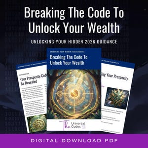 May include: Digital download PDF titled "Breaking The Code To Unlock Your Wealth." The cover features a circular design with text and a forest scene. Additional pages display text about prosperity and financial patterns.