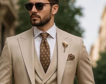Beige 3 Piece Suit for Men | Cream Wedding Groom Suit | Custom Tailored Formal Suit Set | Prom Tuxedo | Slim Fit Vest & Pants