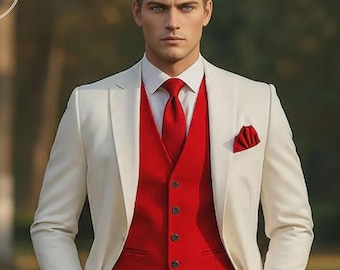 Custom Tailored Off White Tuxedo Suit with Red Vest: Formal Wear