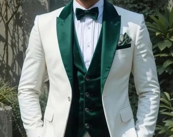 Ivory Men’s Tuxedo Suit | Men’s Wedding Suit |  Formal Suit |  green lapel | vest Slim Fit Groom Attire | Men’s Blazer & Pants Set