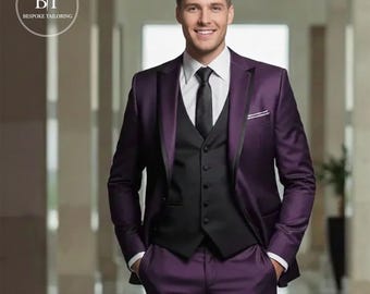 Purple 3-Piece Suit for Men with Black Vest – Elegant Formal Wear & Groom’s Wedding Attire