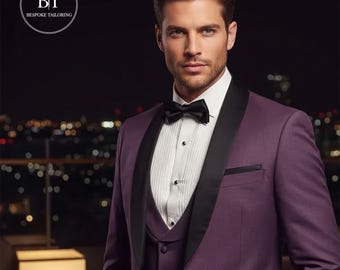 Fioletowy 3-częściowy męski garnitur slim fit na ślub, pana młodego i bal maturalny