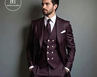 Dark Purple 3-Piece Suit for Men with Black Vest – Elegant Formal Wear & Groom’s Wedding Attire