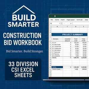 Construction Bid Workbook | GC Estimating Template | Subcontractor Bid Tabs | Cost + Profit Calculator | 33 Division CSI Excel