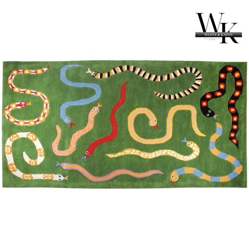 Whimsical Serpent Garden Hand-tufted Wool Rug – Playful Snake Pattern ...