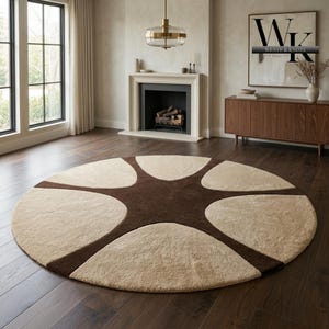 Modern Round Abstract Hand Tufted Wool Area Rug – Handmade Geometric Designer Floor Carpet