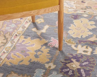 Handgeknüpfter Oushak Teppich, Vintage Wollteppich, Blau-beiger Teppich