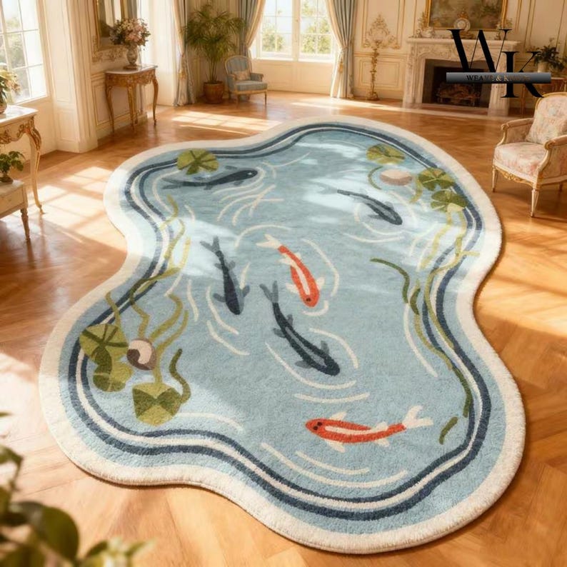 Koi Fish Pond Hand-tufted Wool Rug – Irregular Shape Nature Area Rug - Etsy