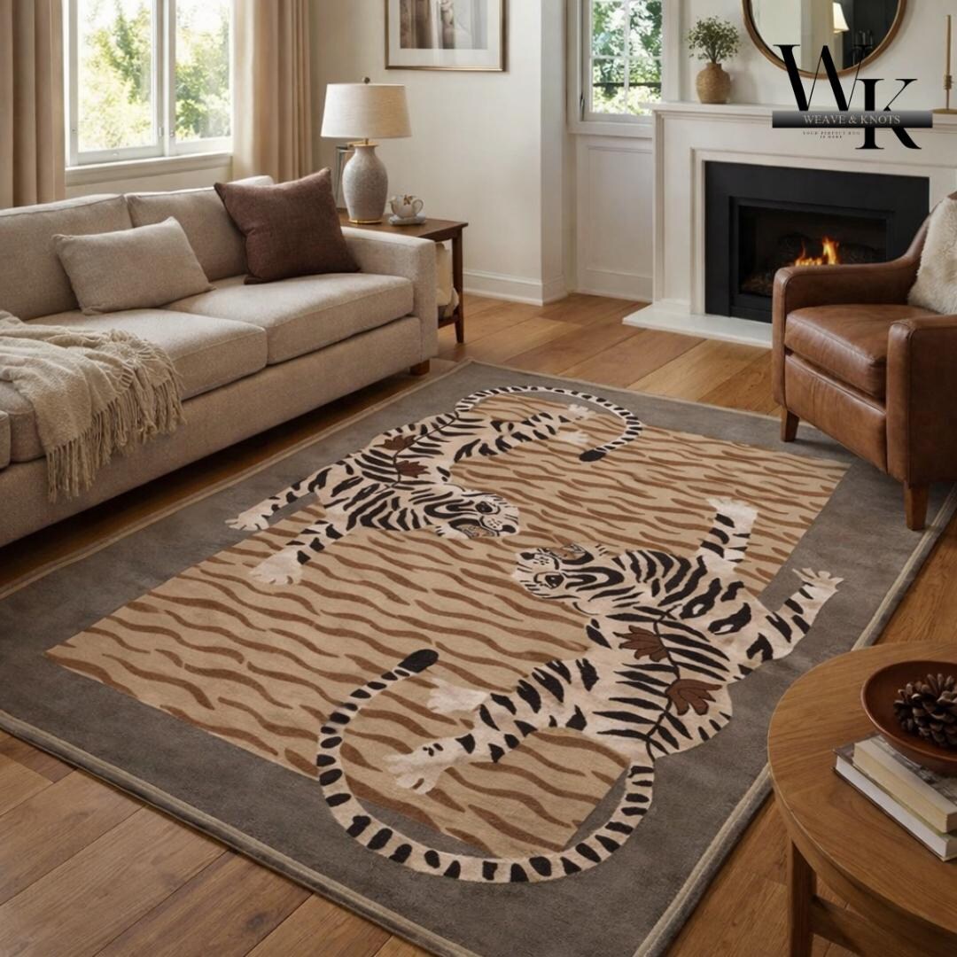 Twin Tiger Duel Hand-tufted Wool Rug – Statement Wildlife Designer Area ...