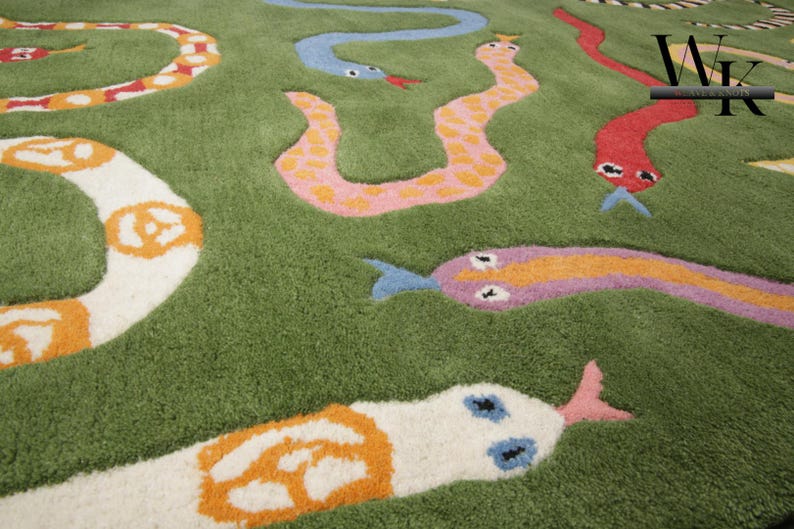Whimsical Serpent Garden Hand-tufted Wool Rug – Playful Snake Pattern ...