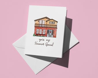 Tarjeta de felicitación especial de Vancouver – Día de San Valentín: Ilustración de una casa dibujada a mano