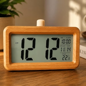 Wooden Alarm Clock LED Display, Modern Table Clock, Minimalist Bedroom Clock, Desk Decor Accessories,  Office table clock , Desk Accessories