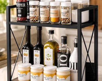 Wooden Kitchen Counter Organizer, 2 Tier Spice Rack Shelf, Coffee Station Organizer, Pantry Storage Rack