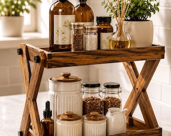 Wood Countertop Organizer, 2 Tier Spice Rack Shelf for Kitchen Counter, Bathroom Storage Shelf, Acacia Counter Organizer